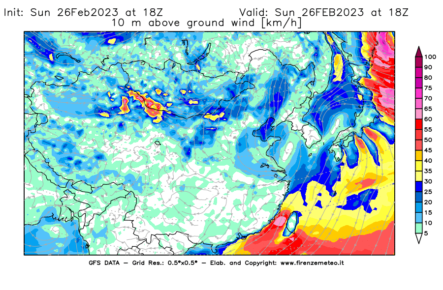 Mappa di analisi GFS - Velocità del vento a 10 metri dal suolo [km/h] in Asia Orientale
							del 26/02/2023 18 <!--googleoff: index-->UTC<!--googleon: index-->