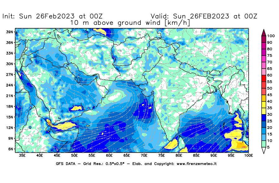 Mappa di analisi GFS - Velocità del vento a 10 metri dal suolo [km/h] in Asia Sud-Occidentale
							del 26/02/2023 00 <!--googleoff: index-->UTC<!--googleon: index-->