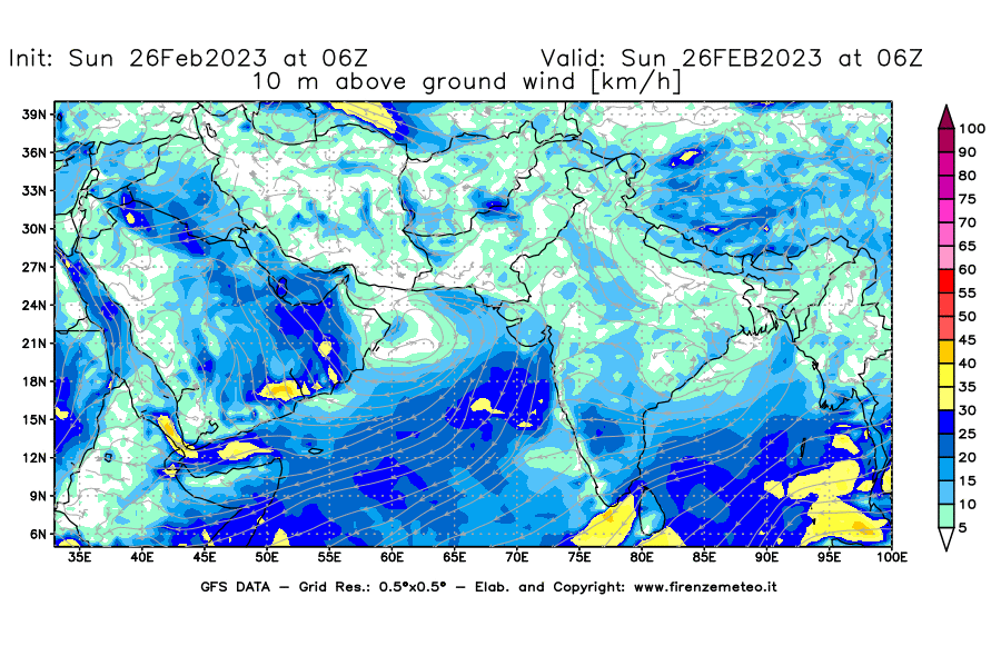 Mappa di analisi GFS - Velocità del vento a 10 metri dal suolo [km/h] in Asia Sud-Occidentale
							del 26/02/2023 06 <!--googleoff: index-->UTC<!--googleon: index-->