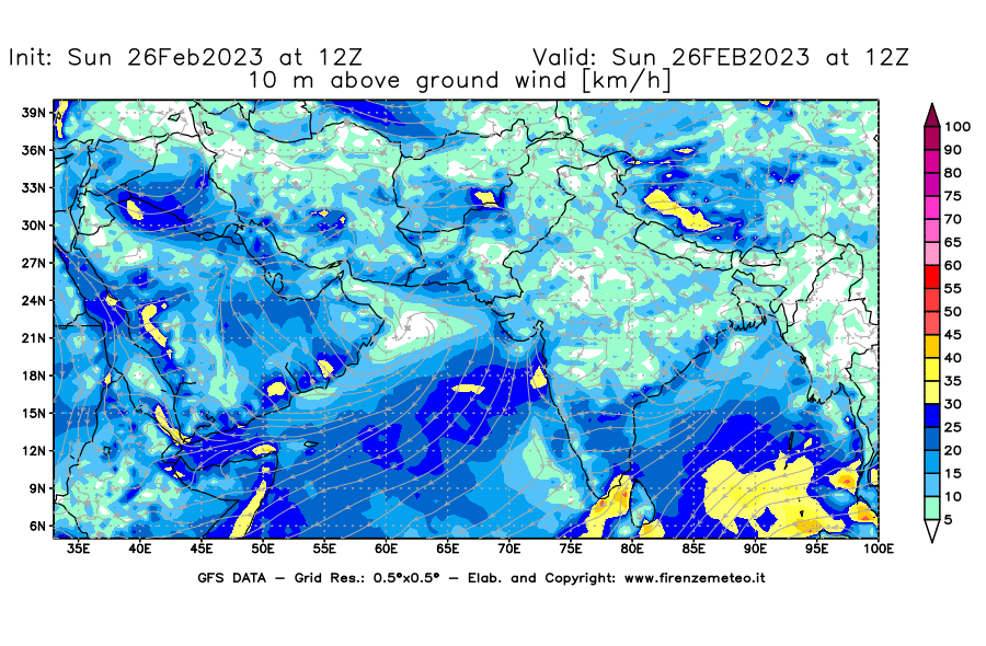 Mappa di analisi GFS - Velocità del vento a 10 metri dal suolo [km/h] in Asia Sud-Occidentale
							del 26/02/2023 12 <!--googleoff: index-->UTC<!--googleon: index-->