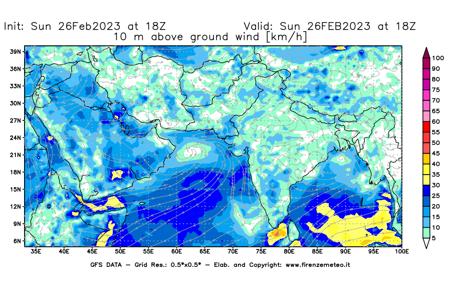 Mappa di analisi GFS - Velocità del vento a 10 metri dal suolo [km/h] in Asia Sud-Occidentale
							del 26/02/2023 18 <!--googleoff: index-->UTC<!--googleon: index-->