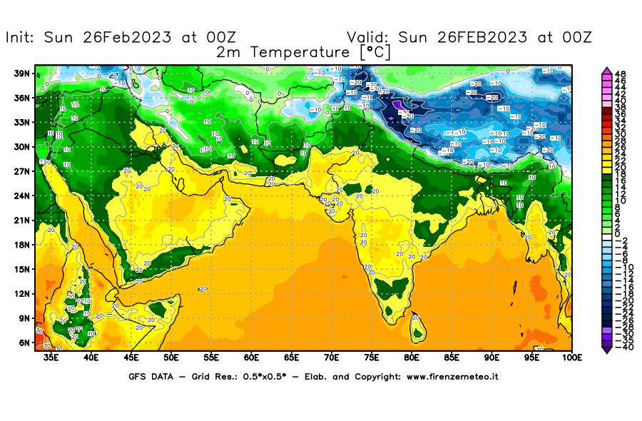 Mappa di analisi GFS - Temperatura a 2 metri dal suolo [°C] in Asia Sud-Occidentale
							del 26/02/2023 00 <!--googleoff: index-->UTC<!--googleon: index-->