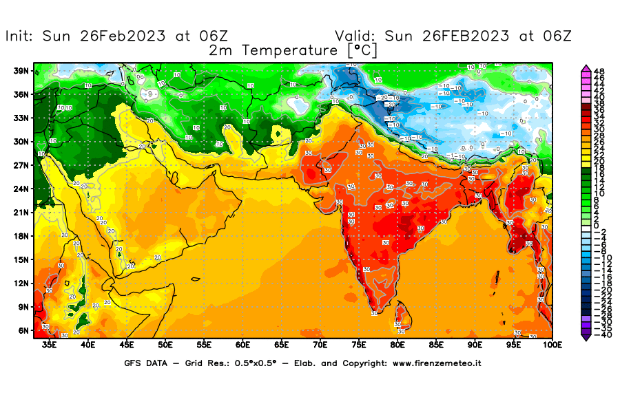 Mappa di analisi GFS - Temperatura a 2 metri dal suolo [°C] in Asia Sud-Occidentale
							del 26/02/2023 06 <!--googleoff: index-->UTC<!--googleon: index-->