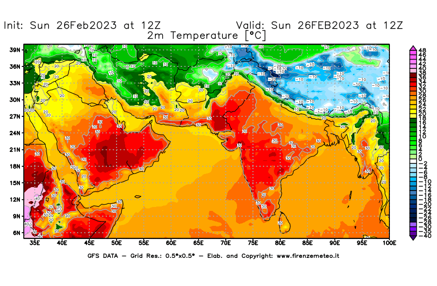 Mappa di analisi GFS - Temperatura a 2 metri dal suolo [°C] in Asia Sud-Occidentale
							del 26/02/2023 12 <!--googleoff: index-->UTC<!--googleon: index-->