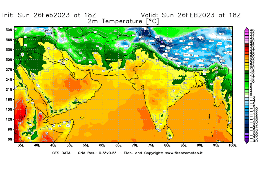 Mappa di analisi GFS - Temperatura a 2 metri dal suolo [°C] in Asia Sud-Occidentale
							del 26/02/2023 18 <!--googleoff: index-->UTC<!--googleon: index-->