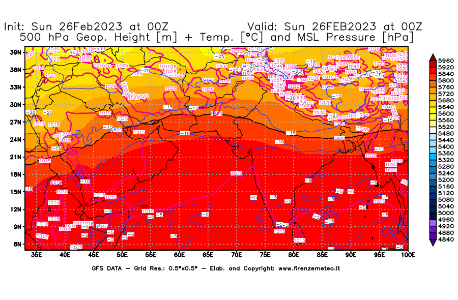 Mappa di analisi GFS - Geopotenziale [m] + Temp. [°C] a 500 hPa + Press. a livello del mare [hPa] in Asia Sud-Occidentale
							del 26/02/2023 00 <!--googleoff: index-->UTC<!--googleon: index-->
