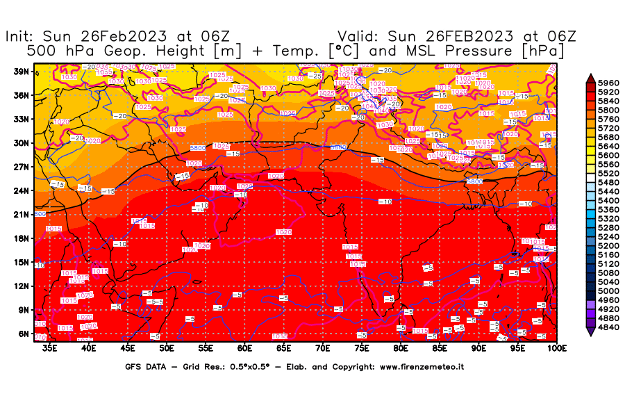 Mappa di analisi GFS - Geopotenziale [m] + Temp. [°C] a 500 hPa + Press. a livello del mare [hPa] in Asia Sud-Occidentale
							del 26/02/2023 06 <!--googleoff: index-->UTC<!--googleon: index-->