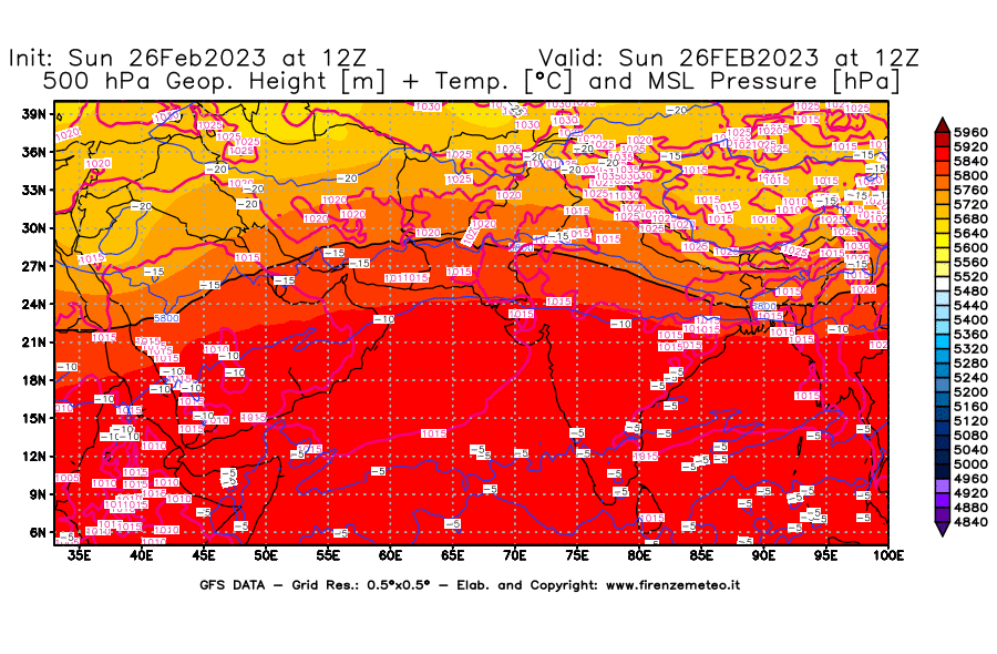 Mappa di analisi GFS - Geopotenziale [m] + Temp. [°C] a 500 hPa + Press. a livello del mare [hPa] in Asia Sud-Occidentale
							del 26/02/2023 12 <!--googleoff: index-->UTC<!--googleon: index-->