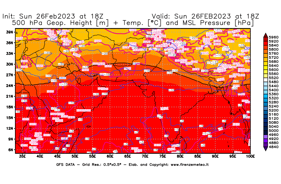 Mappa di analisi GFS - Geopotenziale [m] + Temp. [°C] a 500 hPa + Press. a livello del mare [hPa] in Asia Sud-Occidentale
							del 26/02/2023 18 <!--googleoff: index-->UTC<!--googleon: index-->