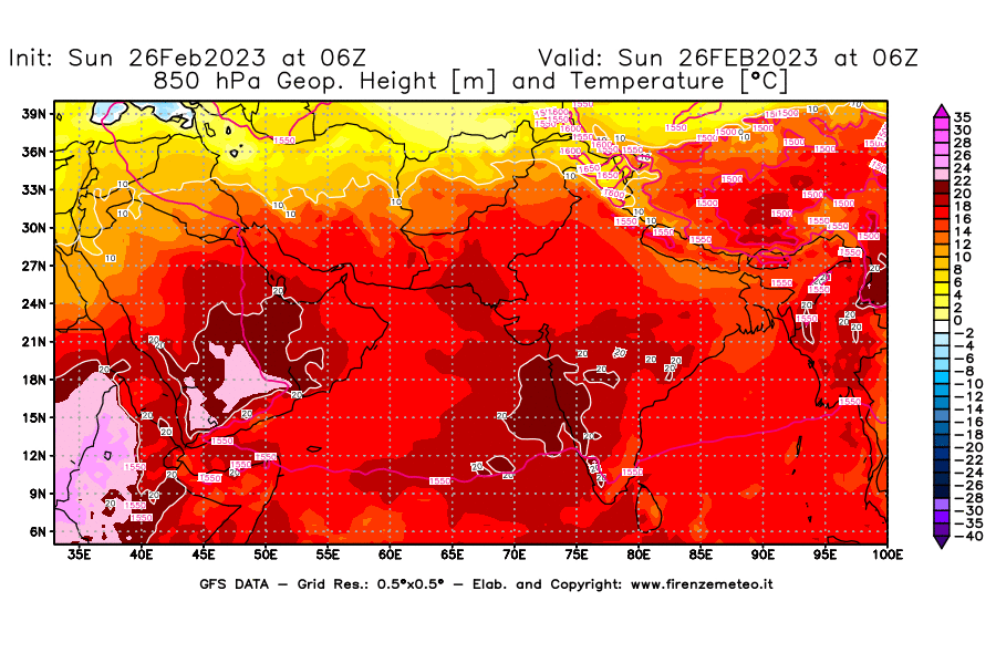 Mappa di analisi GFS - Geopotenziale [m] e Temperatura [°C] a 850 hPa in Asia Sud-Occidentale
							del 26/02/2023 06 <!--googleoff: index-->UTC<!--googleon: index-->