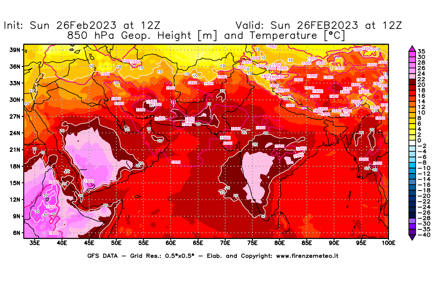 Mappa di analisi GFS - Geopotenziale [m] e Temperatura [°C] a 850 hPa in Asia Sud-Occidentale
							del 26/02/2023 12 <!--googleoff: index-->UTC<!--googleon: index-->