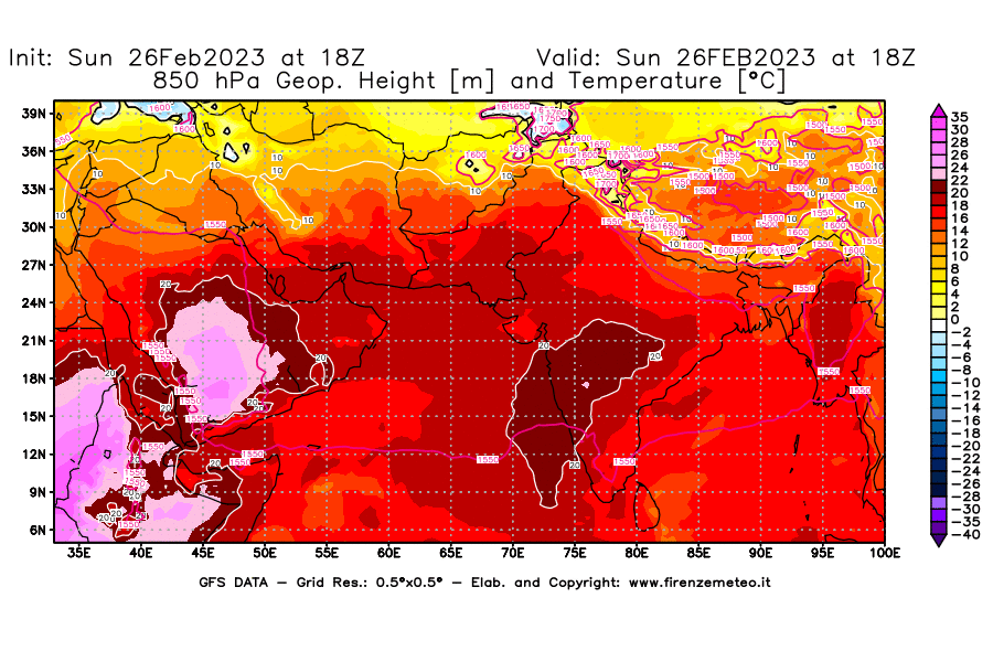 Mappa di analisi GFS - Geopotenziale [m] e Temperatura [°C] a 850 hPa in Asia Sud-Occidentale
							del 26/02/2023 18 <!--googleoff: index-->UTC<!--googleon: index-->