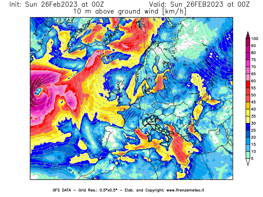 Mappa di analisi GFS - Velocità del vento a 10 metri dal suolo [km/h] in Europa
							del 26/02/2023 00 <!--googleoff: index-->UTC<!--googleon: index-->