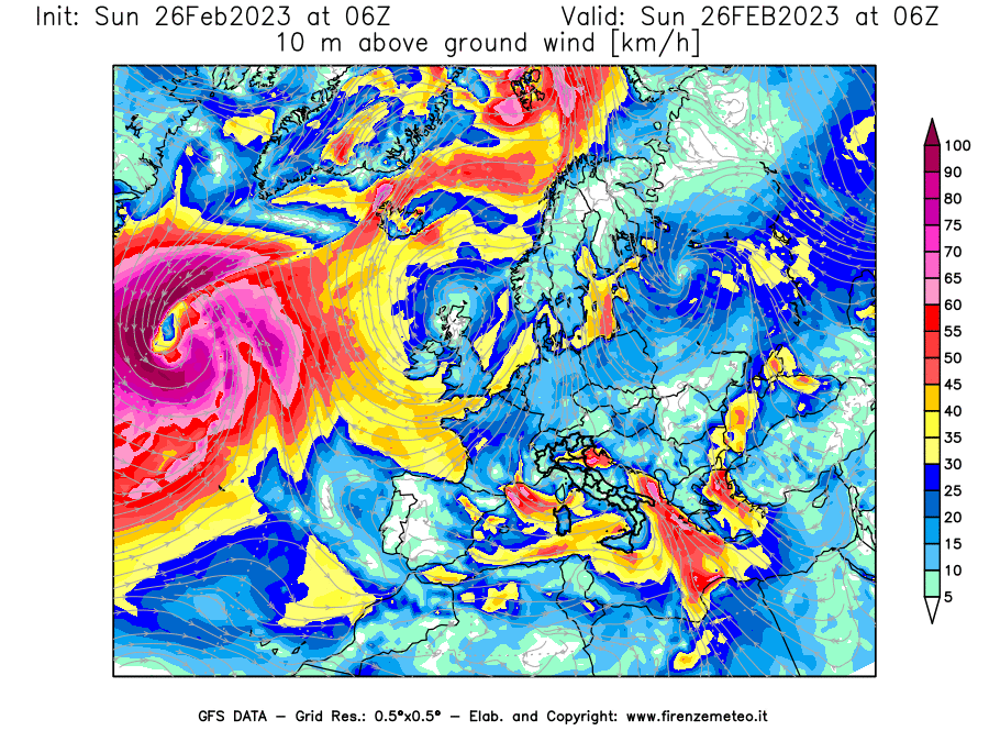 Mappa di analisi GFS - Velocità del vento a 10 metri dal suolo [km/h] in Europa
							del 26/02/2023 06 <!--googleoff: index-->UTC<!--googleon: index-->