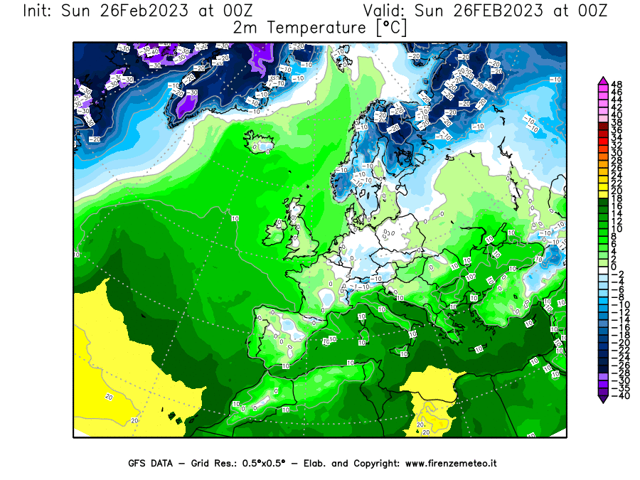 Mappa di analisi GFS - Temperatura a 2 metri dal suolo [°C] in Europa
							del 26/02/2023 00 <!--googleoff: index-->UTC<!--googleon: index-->