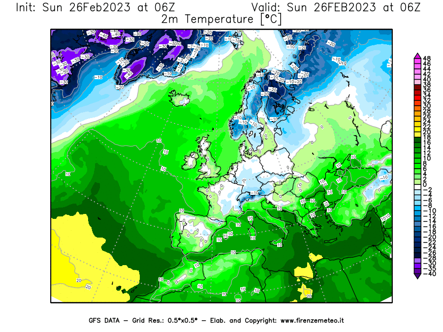Mappa di analisi GFS - Temperatura a 2 metri dal suolo [°C] in Europa
							del 26/02/2023 06 <!--googleoff: index-->UTC<!--googleon: index-->