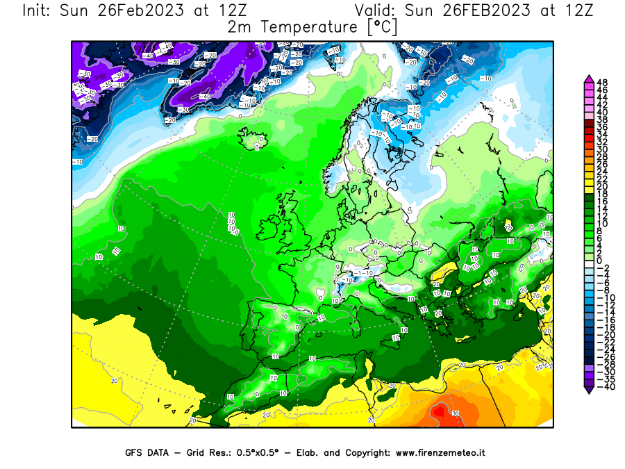 Mappa di analisi GFS - Temperatura a 2 metri dal suolo [°C] in Europa
							del 26/02/2023 12 <!--googleoff: index-->UTC<!--googleon: index-->