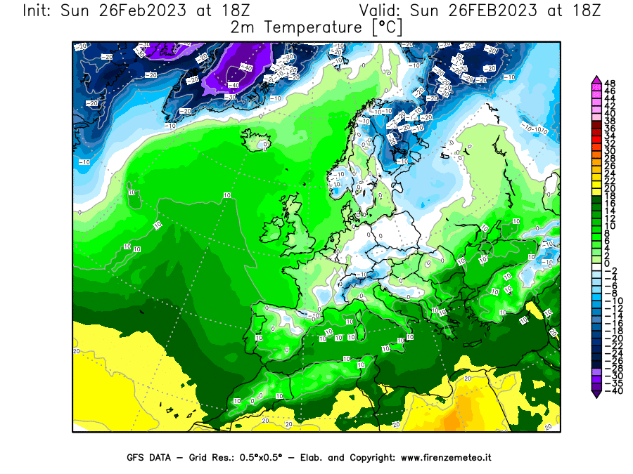 Mappa di analisi GFS - Temperatura a 2 metri dal suolo [°C] in Europa
							del 26/02/2023 18 <!--googleoff: index-->UTC<!--googleon: index-->
