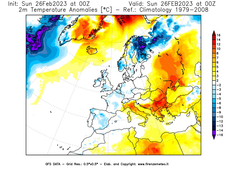Mappa di analisi GFS - Anomalia Temperatura [°C] a 2 m in Europa
							del 26/02/2023 00 <!--googleoff: index-->UTC<!--googleon: index-->