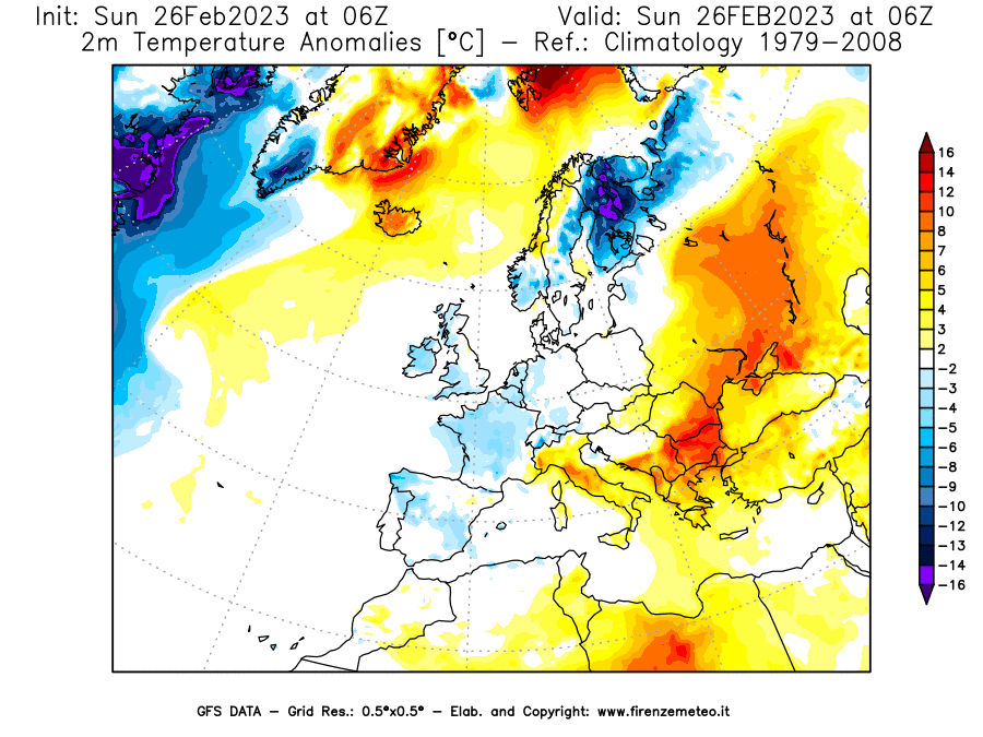 Mappa di analisi GFS - Anomalia Temperatura [°C] a 2 m in Europa
							del 26/02/2023 06 <!--googleoff: index-->UTC<!--googleon: index-->