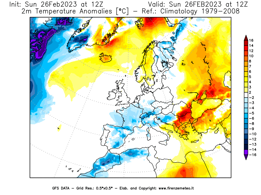 Mappa di analisi GFS - Anomalia Temperatura [°C] a 2 m in Europa
							del 26/02/2023 12 <!--googleoff: index-->UTC<!--googleon: index-->