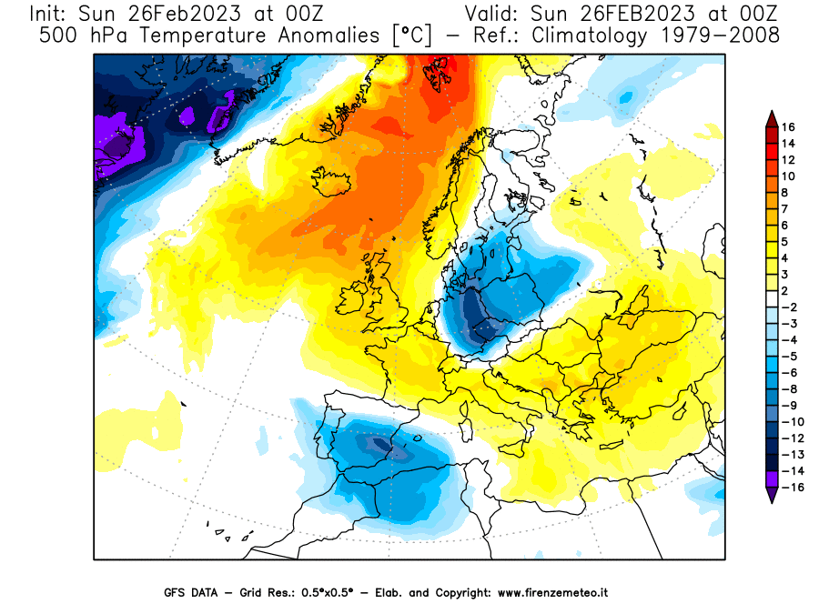 Mappa di analisi GFS - Anomalia Temperatura [°C] a 500 hPa in Europa
							del 26/02/2023 00 <!--googleoff: index-->UTC<!--googleon: index-->