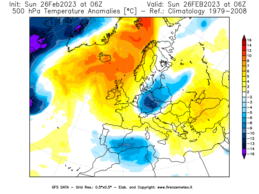 Mappa di analisi GFS - Anomalia Temperatura [°C] a 500 hPa in Europa
							del 26/02/2023 06 <!--googleoff: index-->UTC<!--googleon: index-->
