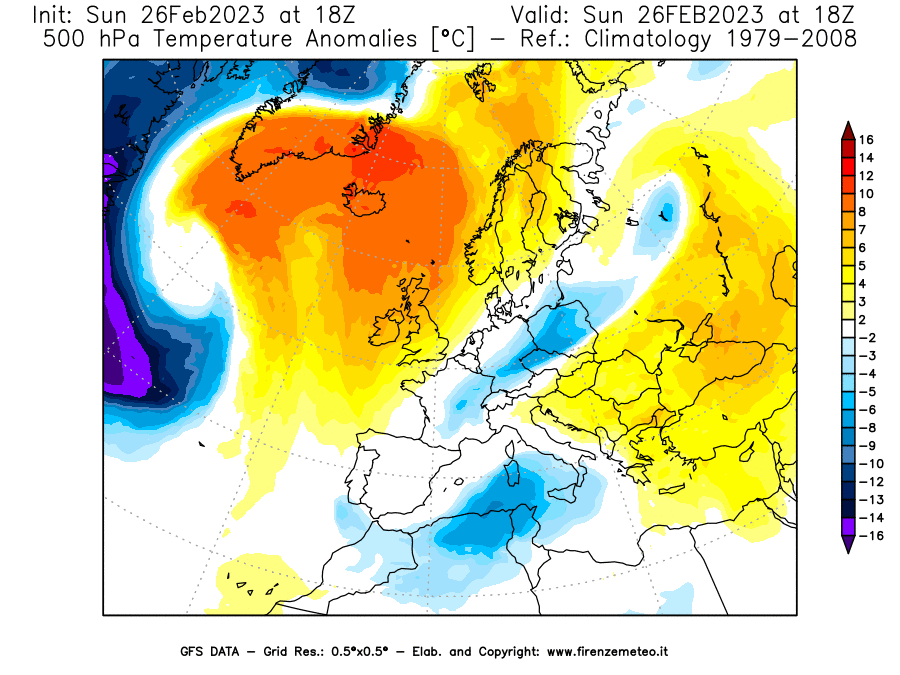 Mappa di analisi GFS - Anomalia Temperatura [°C] a 500 hPa in Europa
							del 26/02/2023 18 <!--googleoff: index-->UTC<!--googleon: index-->