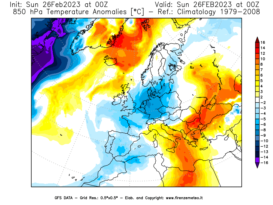 Mappa di analisi GFS - Anomalia Temperatura [°C] a 850 hPa in Europa
							del 26/02/2023 00 <!--googleoff: index-->UTC<!--googleon: index-->
