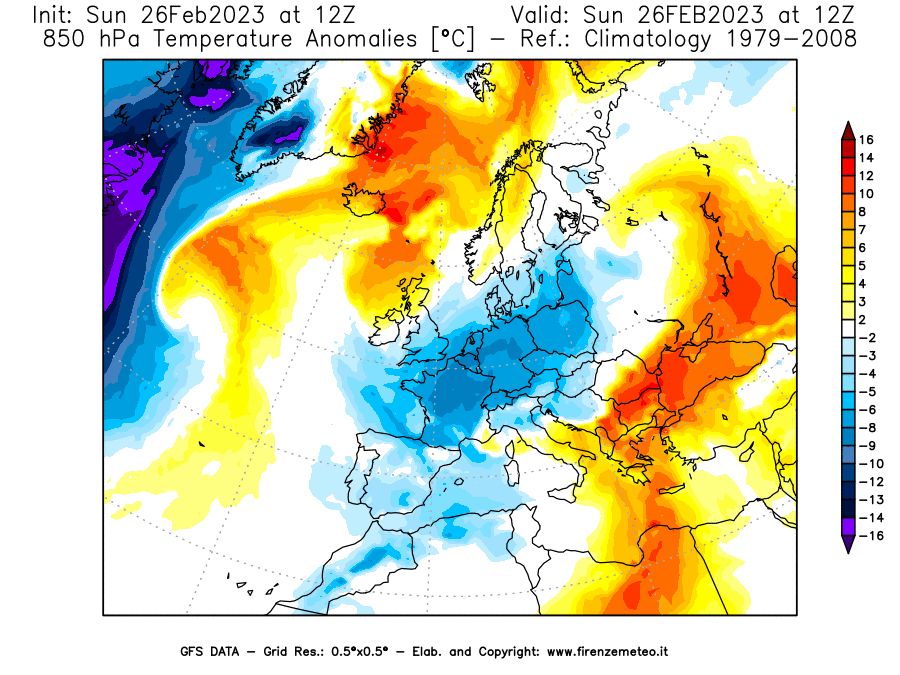 Mappa di analisi GFS - Anomalia Temperatura [°C] a 850 hPa in Europa
							del 26/02/2023 12 <!--googleoff: index-->UTC<!--googleon: index-->