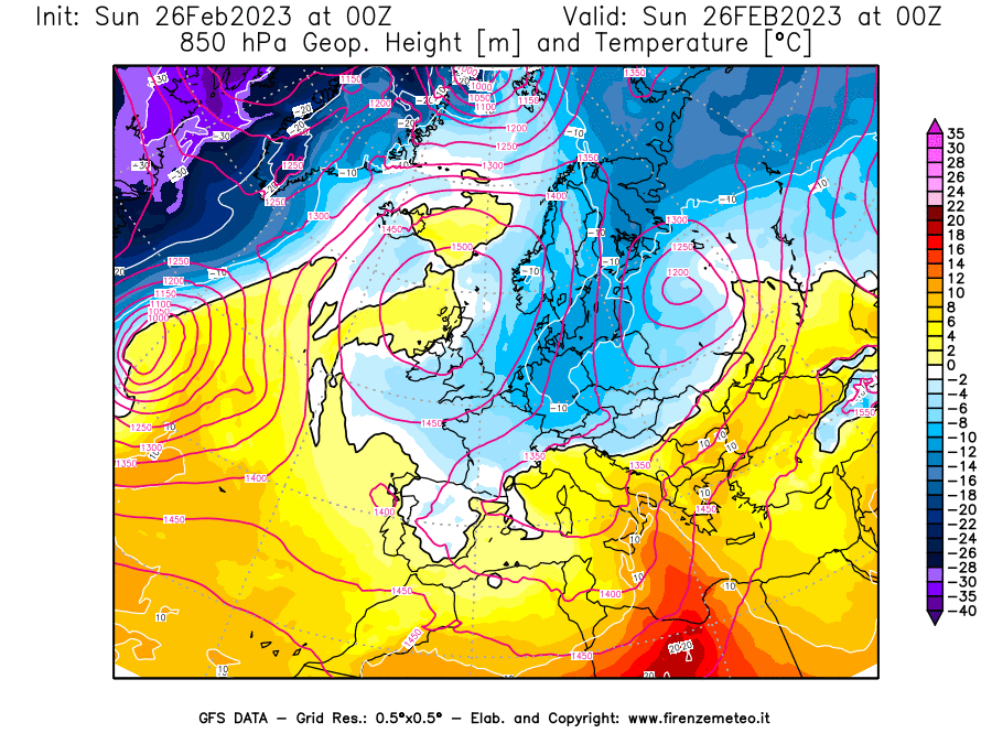 Mappa di analisi GFS - Geopotenziale [m] e Temperatura [°C] a 850 hPa in Europa
							del 26/02/2023 00 <!--googleoff: index-->UTC<!--googleon: index-->