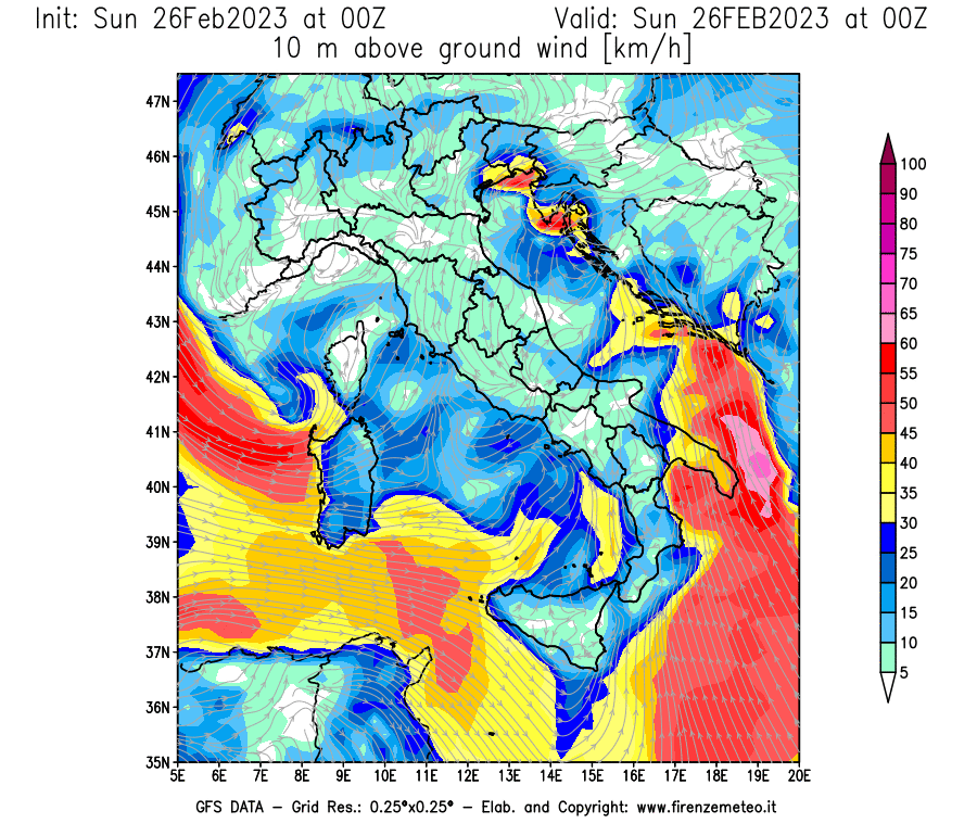 Mappa di analisi GFS - Velocità del vento a 10 metri dal suolo [km/h] in Italia
							del 26/02/2023 00 <!--googleoff: index-->UTC<!--googleon: index-->