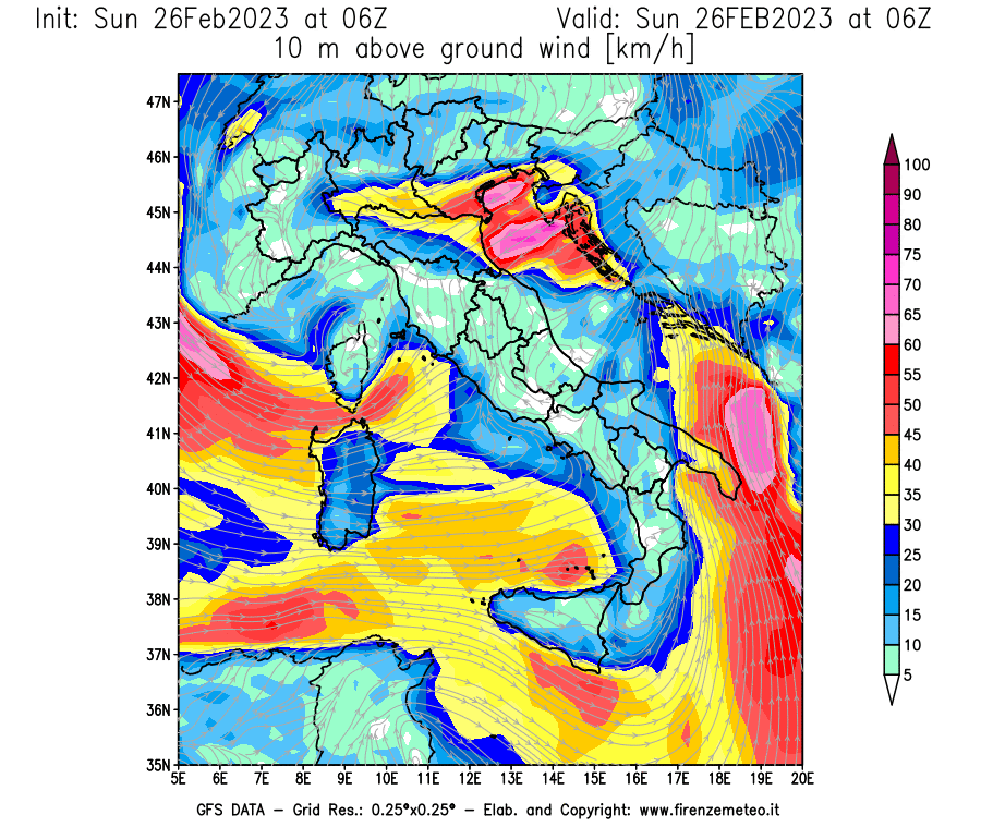 Mappa di analisi GFS - Velocità del vento a 10 metri dal suolo [km/h] in Italia
							del 26/02/2023 06 <!--googleoff: index-->UTC<!--googleon: index-->