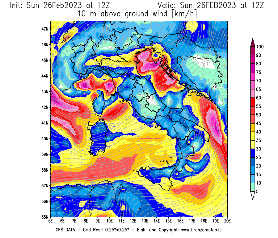 Mappa di analisi GFS - Velocità del vento a 10 metri dal suolo [km/h] in Italia
							del 26/02/2023 12 <!--googleoff: index-->UTC<!--googleon: index-->