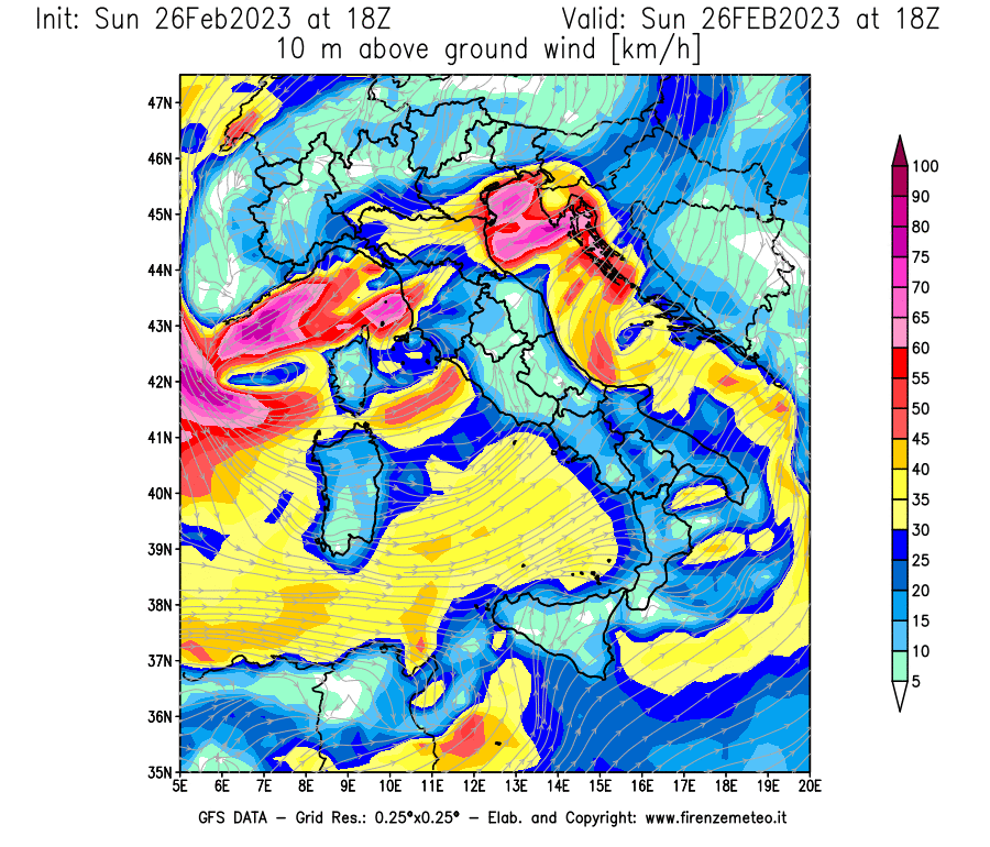 Mappa di analisi GFS - Velocità del vento a 10 metri dal suolo [km/h] in Italia
							del 26/02/2023 18 <!--googleoff: index-->UTC<!--googleon: index-->