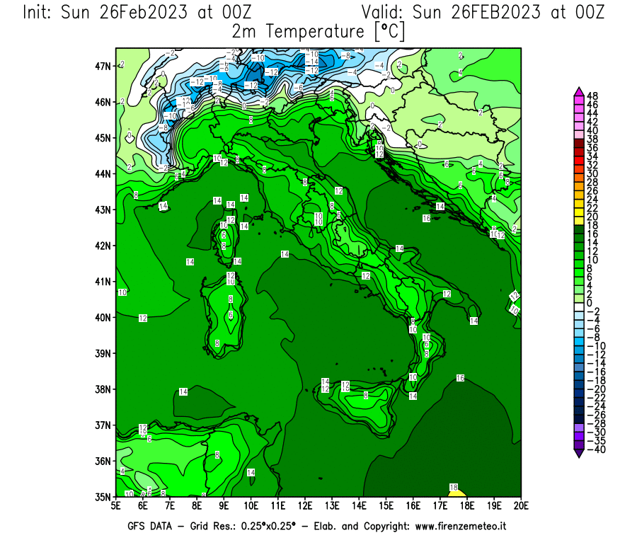 Mappa di analisi GFS - Temperatura a 2 metri dal suolo [°C] in Italia
							del 26/02/2023 00 <!--googleoff: index-->UTC<!--googleon: index-->