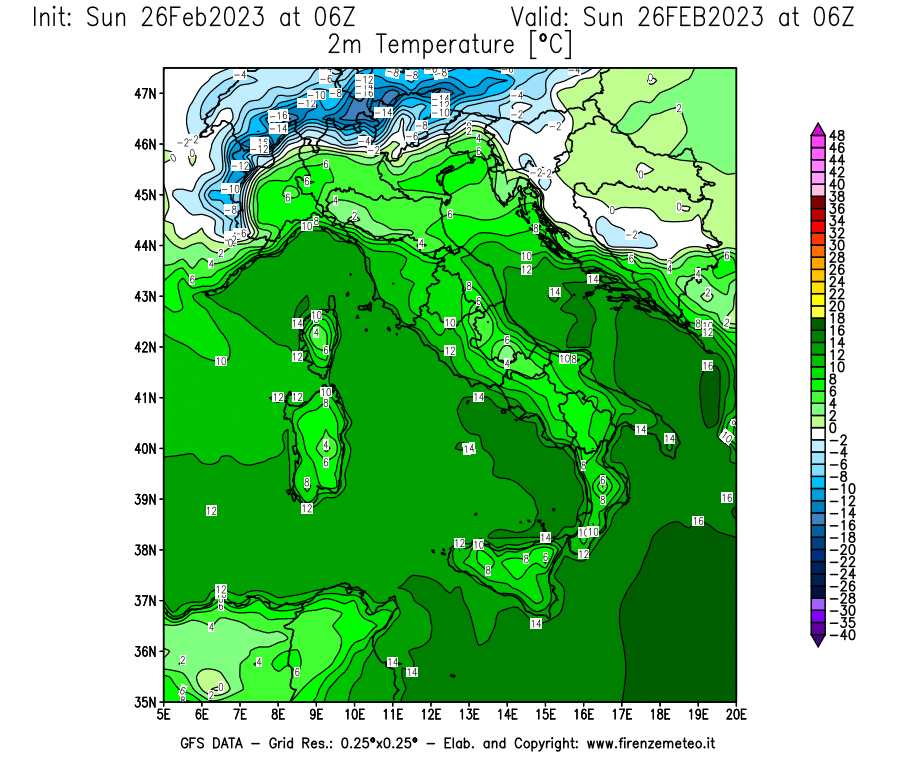 Mappa di analisi GFS - Temperatura a 2 metri dal suolo [°C] in Italia
							del 26/02/2023 06 <!--googleoff: index-->UTC<!--googleon: index-->