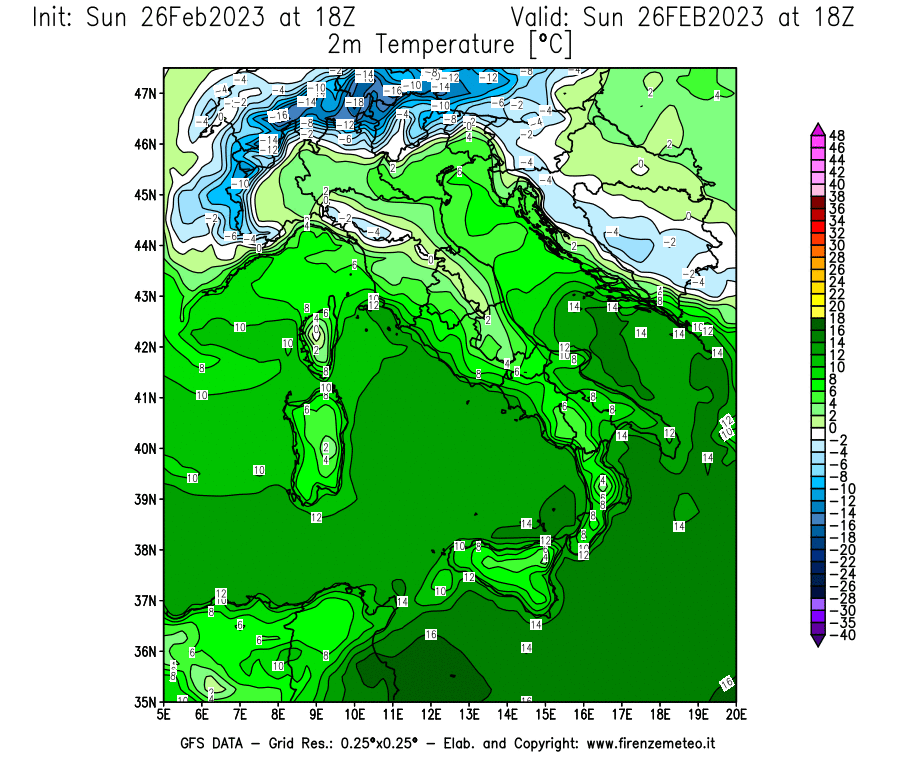 Mappa di analisi GFS - Temperatura a 2 metri dal suolo [°C] in Italia
							del 26/02/2023 18 <!--googleoff: index-->UTC<!--googleon: index-->