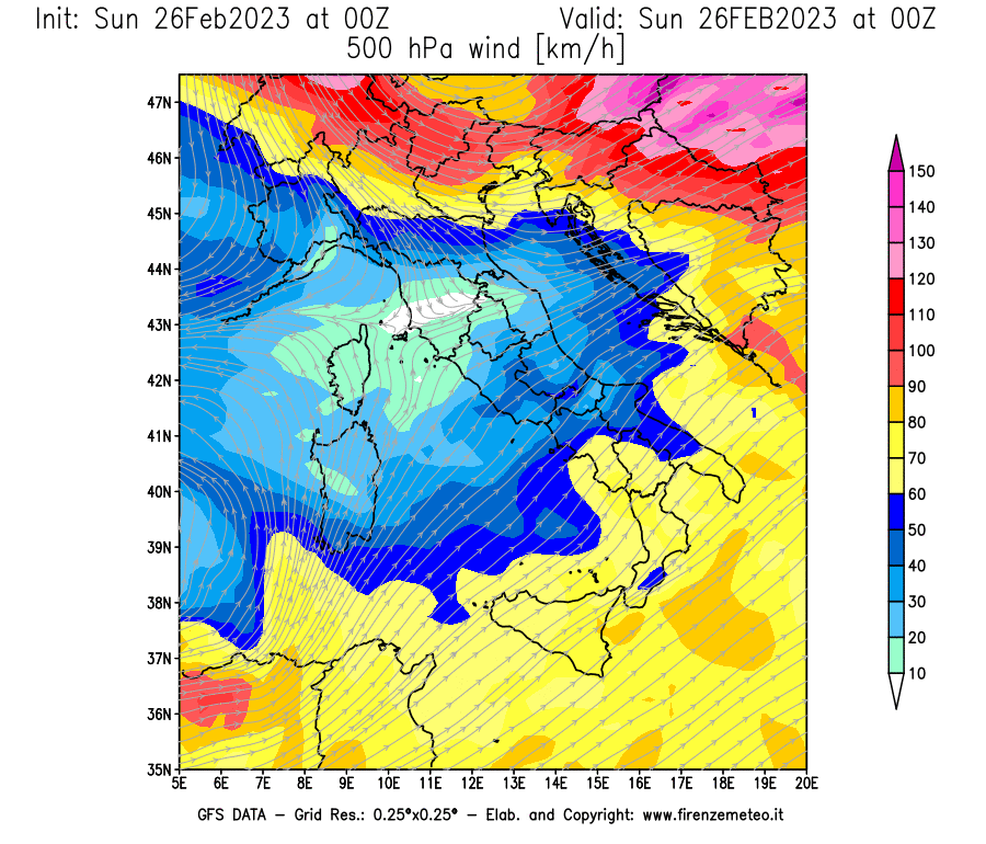 Mappa di analisi GFS - Velocità del vento a 500 hPa [km/h] in Italia
							del 26/02/2023 00 <!--googleoff: index-->UTC<!--googleon: index-->