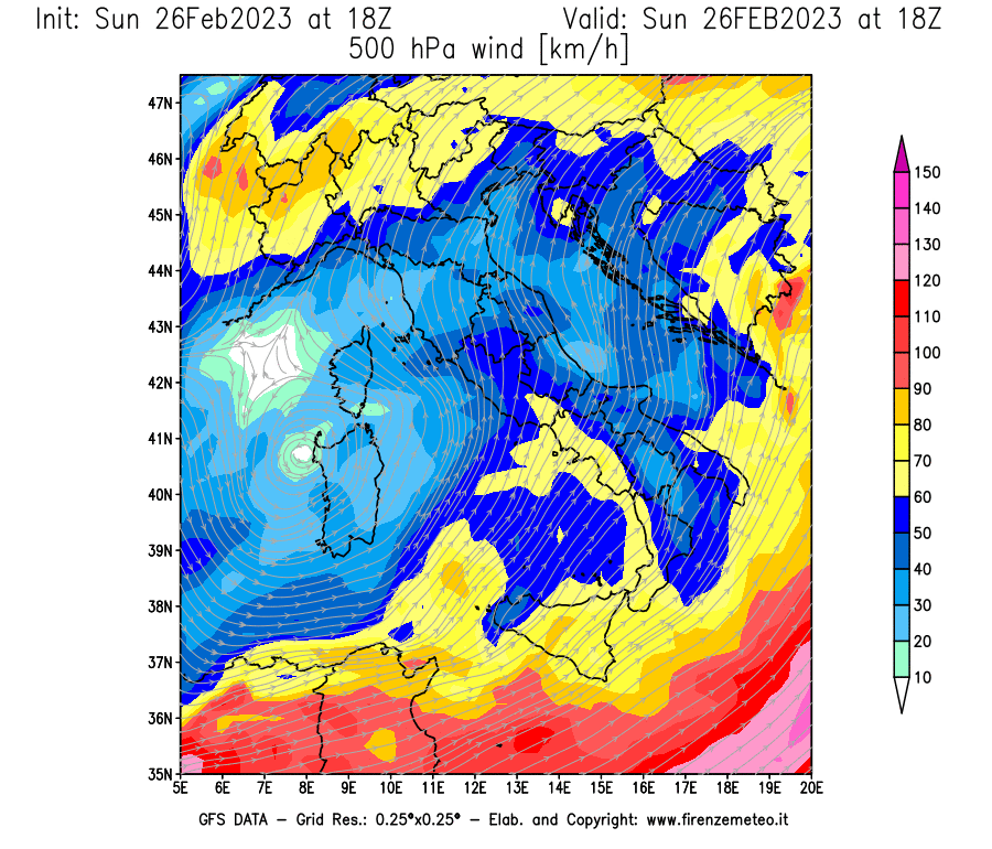 Mappa di analisi GFS - Velocità del vento a 500 hPa [km/h] in Italia
							del 26/02/2023 18 <!--googleoff: index-->UTC<!--googleon: index-->