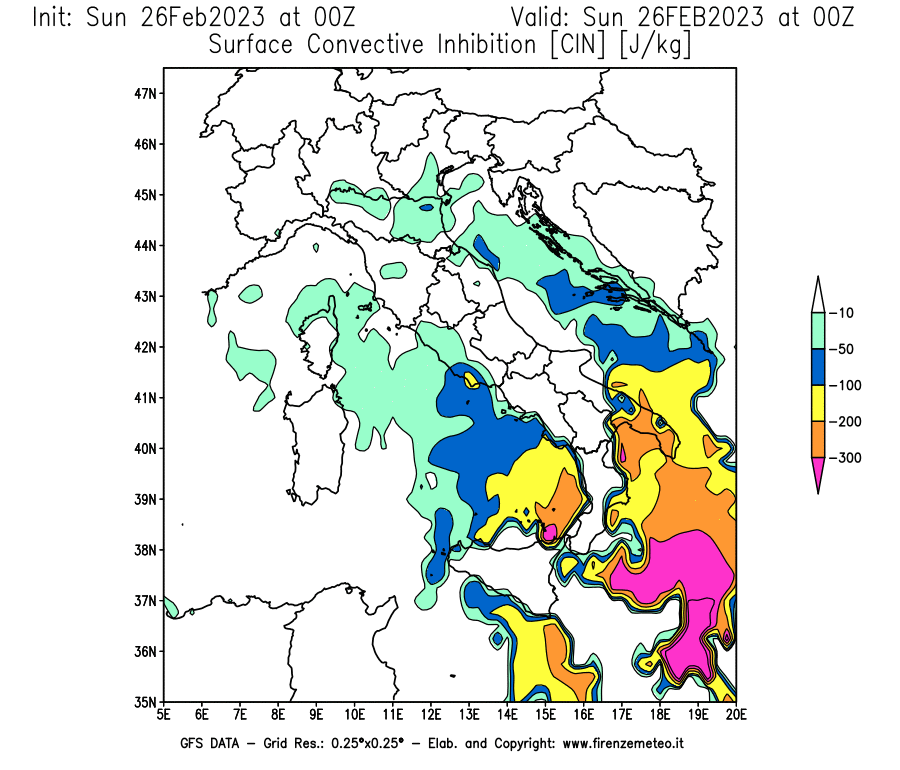 Mappa di analisi GFS - CIN [J/kg] in Italia
							del 26/02/2023 00 <!--googleoff: index-->UTC<!--googleon: index-->