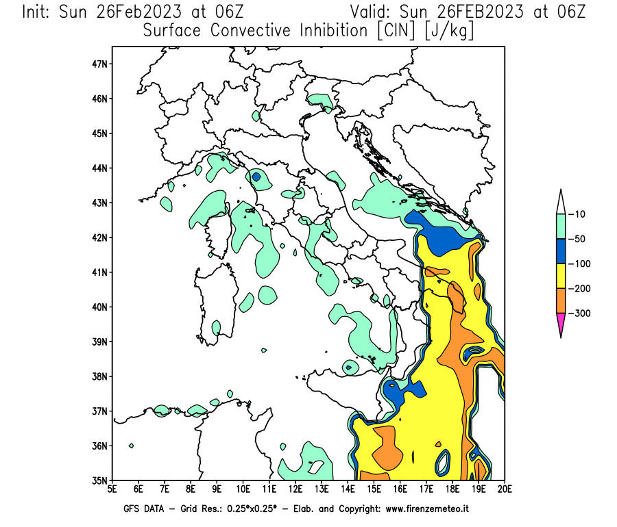 Mappa di analisi GFS - CIN [J/kg] in Italia
							del 26/02/2023 06 <!--googleoff: index-->UTC<!--googleon: index-->
