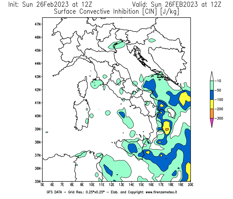 Mappa di analisi GFS - CIN [J/kg] in Italia
							del 26/02/2023 12 <!--googleoff: index-->UTC<!--googleon: index-->