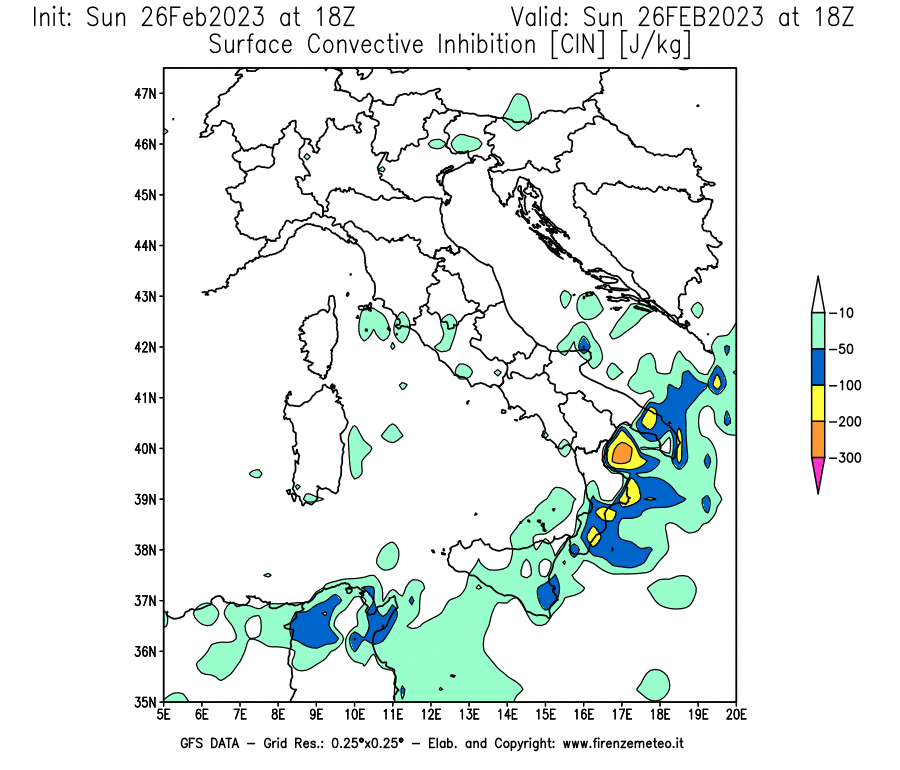 Mappa di analisi GFS - CIN [J/kg] in Italia
							del 26/02/2023 18 <!--googleoff: index-->UTC<!--googleon: index-->
