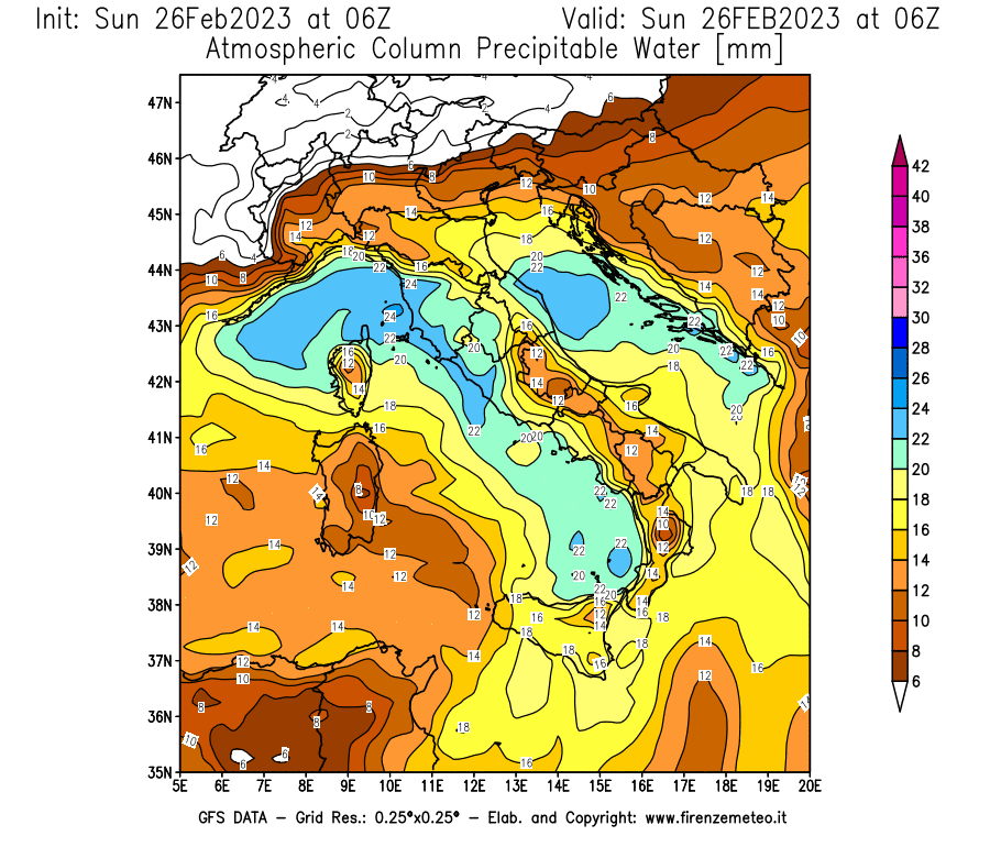 Mappa di analisi GFS - Precipitable Water [mm] in Italia
							del 26/02/2023 06 <!--googleoff: index-->UTC<!--googleon: index-->