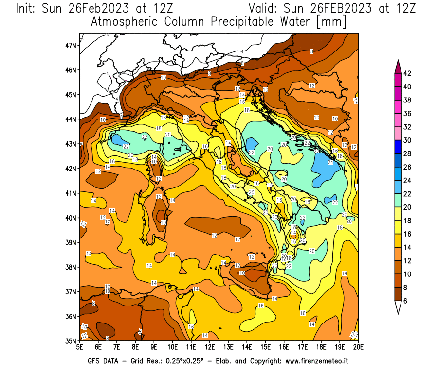 Mappa di analisi GFS - Precipitable Water [mm] in Italia
							del 26/02/2023 12 <!--googleoff: index-->UTC<!--googleon: index-->