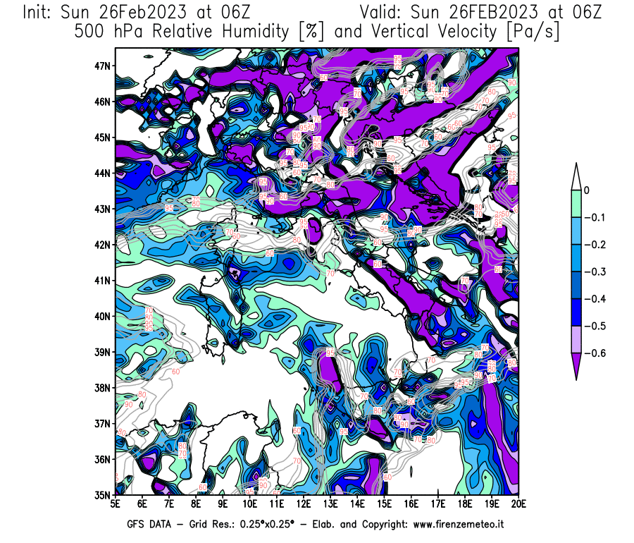 Mappa di analisi GFS - Umidità relativa [%] e Omega [Pa/s] a 500 hPa in Italia
							del 26/02/2023 06 <!--googleoff: index-->UTC<!--googleon: index-->