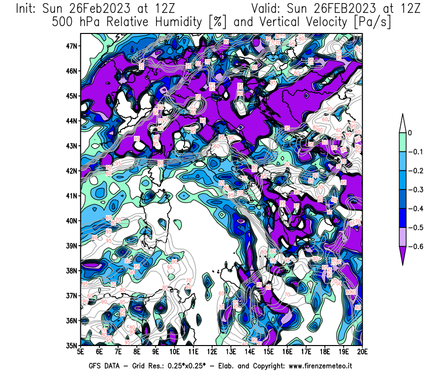 Mappa di analisi GFS - Umidità relativa [%] e Omega [Pa/s] a 500 hPa in Italia
							del 26/02/2023 12 <!--googleoff: index-->UTC<!--googleon: index-->