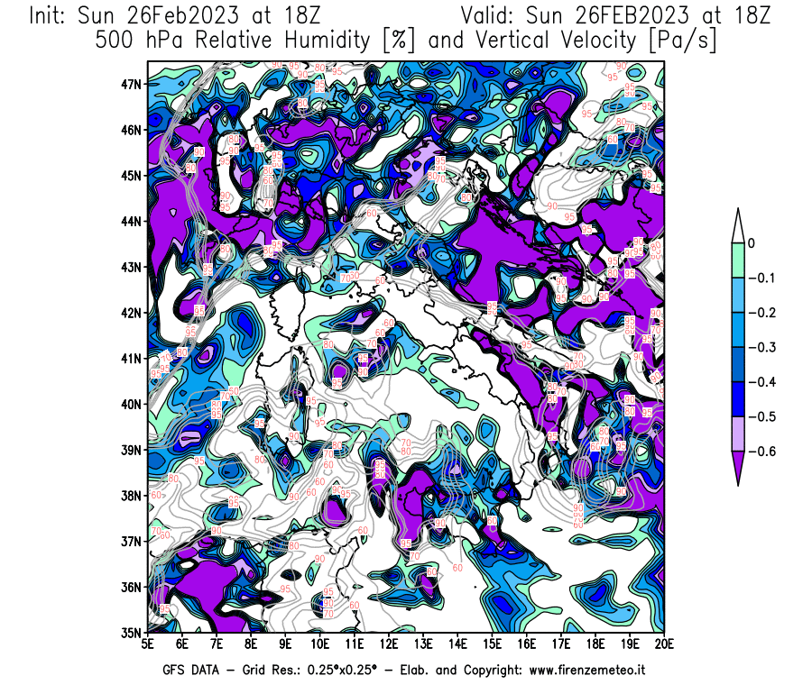 Mappa di analisi GFS - Umidità relativa [%] e Omega [Pa/s] a 500 hPa in Italia
							del 26/02/2023 18 <!--googleoff: index-->UTC<!--googleon: index-->