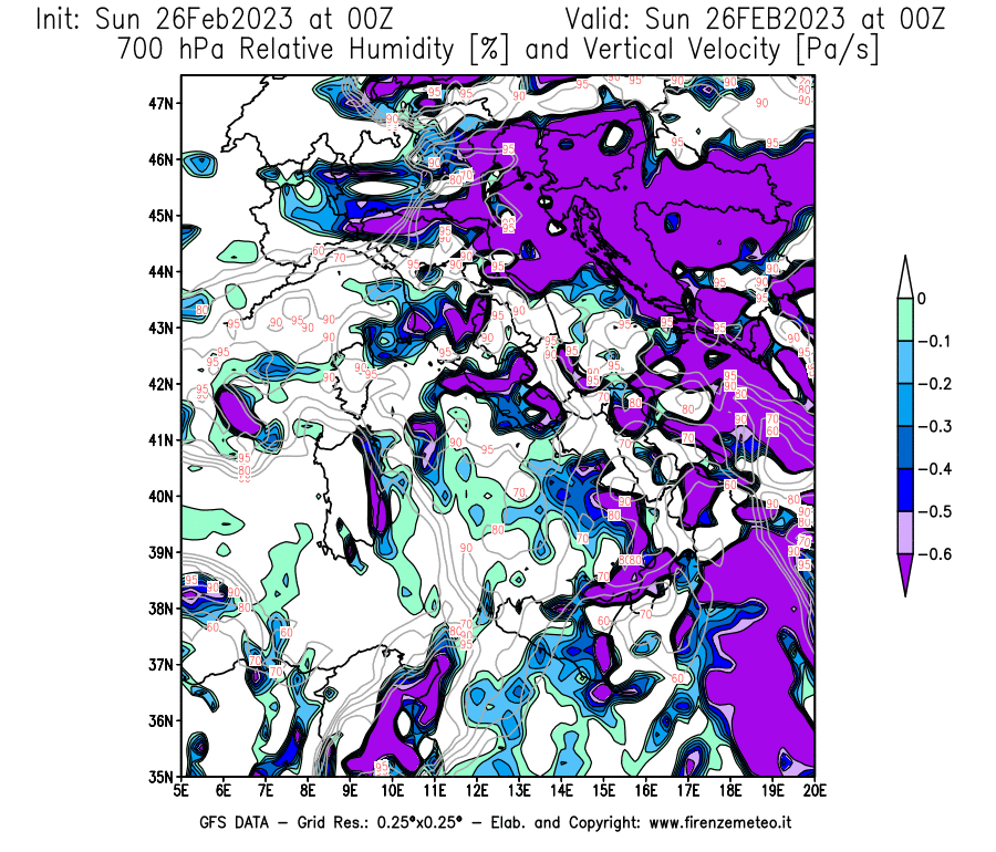 Mappa di analisi GFS - Umidità relativa [%] e Omega [Pa/s] a 700 hPa in Italia
							del 26/02/2023 00 <!--googleoff: index-->UTC<!--googleon: index-->